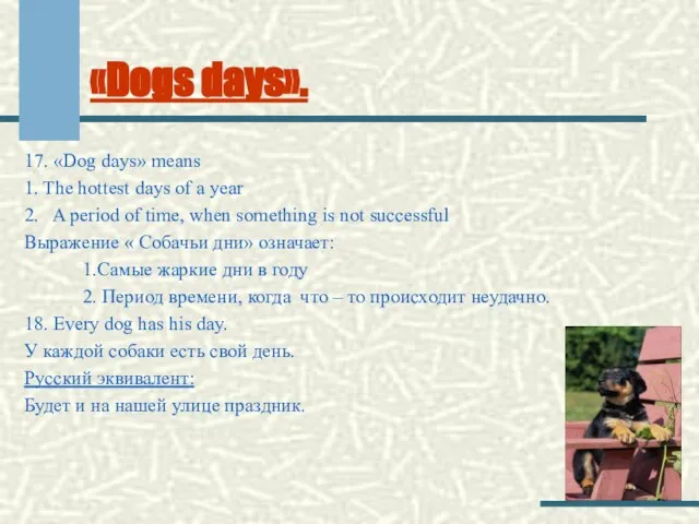 «Dogs days». 17. «Dog days» means 1. The hottest days of a