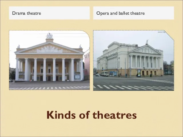 Kinds of theatres Drama theatre Opera and ballet theatre