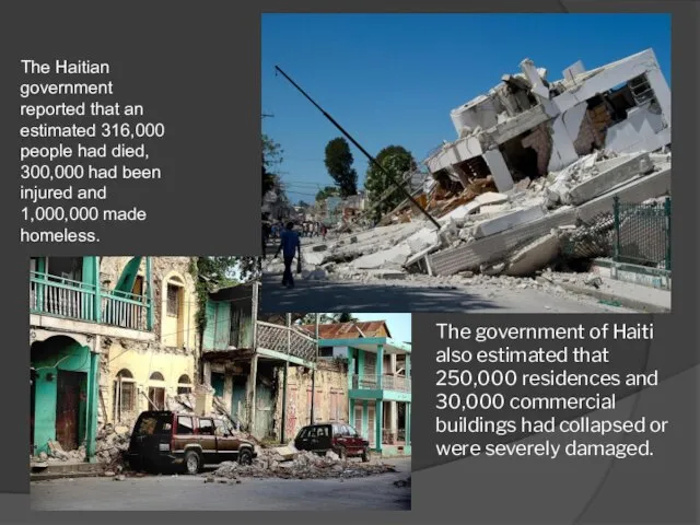 The government of Haiti also estimated that 250,000 residences and 30,000 commercial