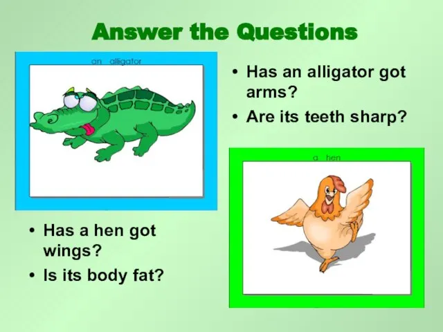 Has a hen got wings? Is its body fat? Has an alligator