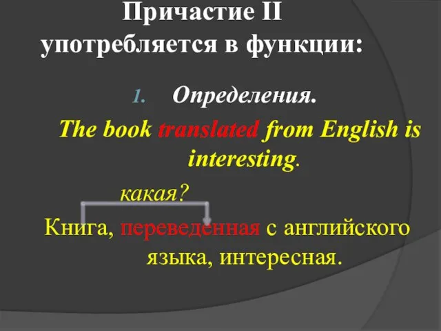 Причастие II употребляется в функции: Определения. The book translated from English is