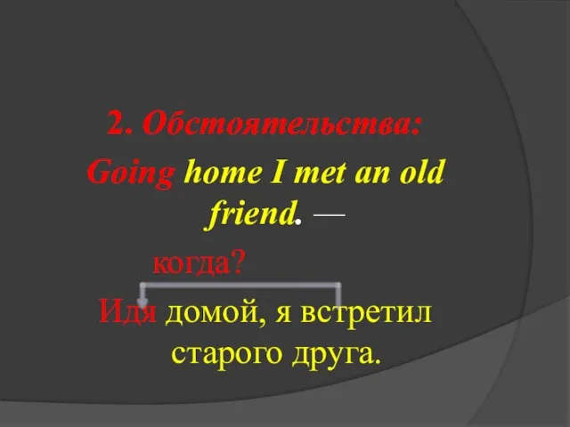 2. Обстоятельства: Going home I met an old friend. — когда? Идя