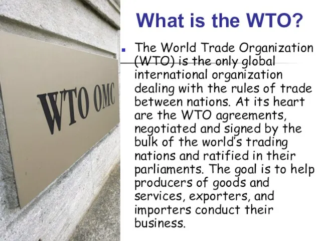 What is the WTO? The World Trade Organization (WTO) is the only