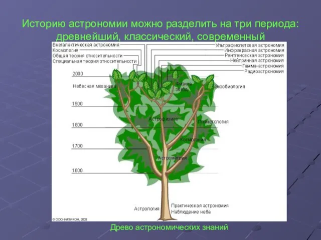 Историю астрономии можно разделить на три периода: древнейший, классический, современный Древо астрономических знаний