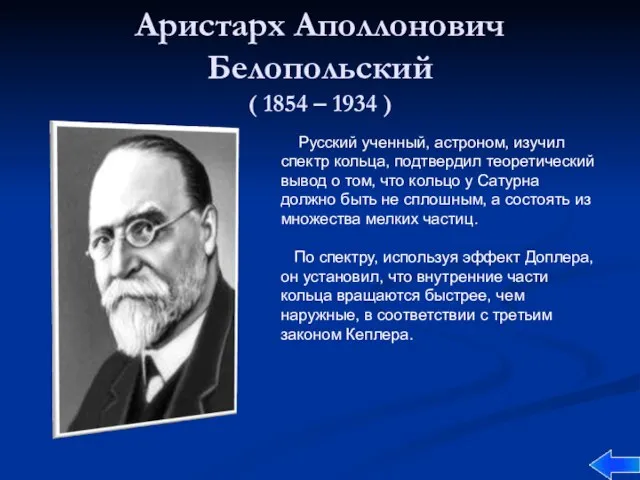 Аристарх Аполлонович Белопольский ( 1854 – 1934 ) Русский ученный, астроном, изучил