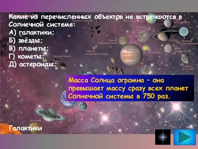 Какие из перечисленных объектов не встречаются в Солнечной системе: А) галактики; Б)