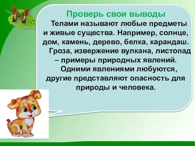 Проверь свои выводы Телами называют любые предметы и живые существа. Например, солнце,