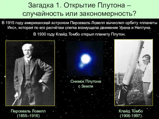 Загадка 1. Открытие Плутона – случайность или закономерность? Персеваль Ловелл (1855–1916) Клайд