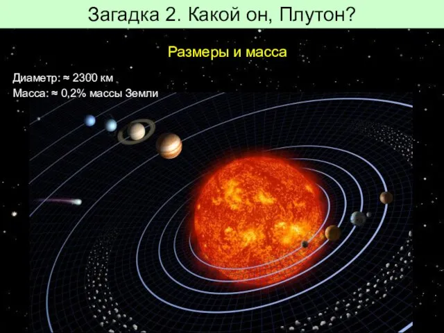 Загадка 2. Какой он, Плутон? Размеры и масса Диаметр: ≈ 2300 км