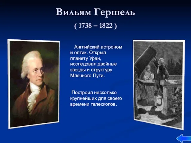 Вильям Гершель ( 1738 – 1822 ) Английский астроном и оптик. Открыл