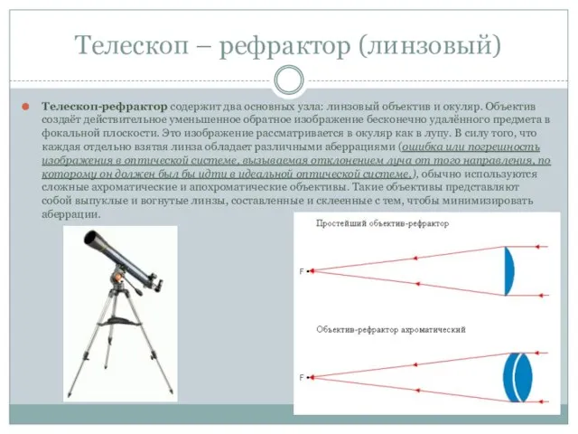 Телескоп – рефрактор (линзовый) Телескоп-рефрактор содержит два основных узла: линзовый объектив и