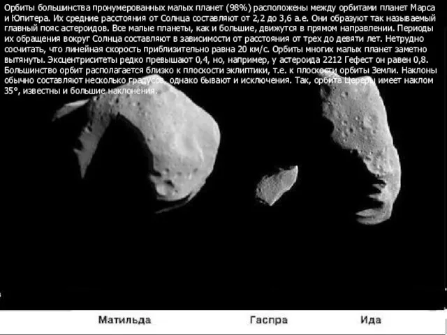 Орбиты большинства пронумерованных малых планет (98%) расположены между орбитами планет Марса и