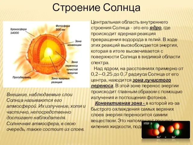 Строение Солнца Центральная область внутреннего строения Солнца - это его ядро, где