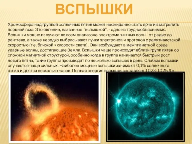 Вспышки Хромосфера над группой солнечных пятен может неожиданно стать ярче и выстрелить