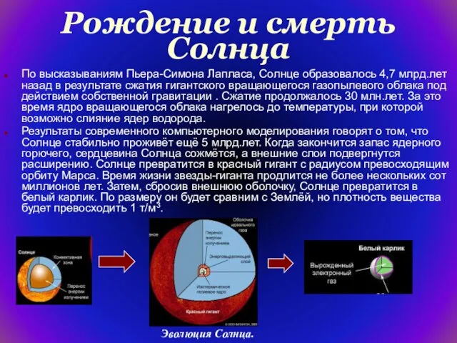 Рождение и смерть Солнца По высказываниям Пьера-Симона Лапласа, Солнце образовалось 4,7 млрд.лет