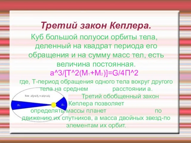 Третий закон Кеплера. Куб большой полуоси орбиты тела, деленный на квадрат периода