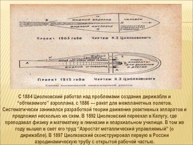 С 1884 Циолковский работал над проблемами создания дирижабля и “обтекаемого” аэроплана, с