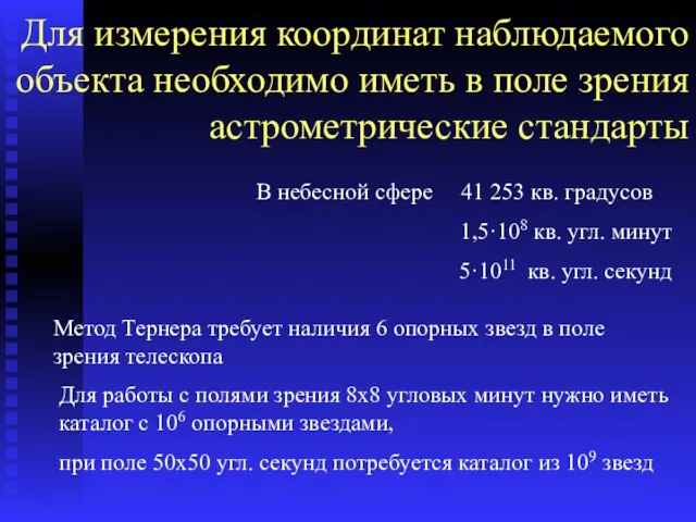 Для измерения координат наблюдаемого объекта необходимо иметь в поле зрения астрометрические стандарты