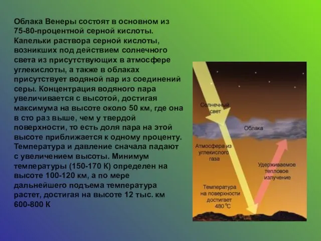 Облака Венеры состоят в основном из 75-80-процентной серной кислоты. Капельки раствора серной