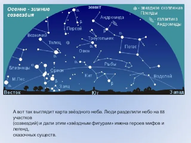 А вот так выглядит карта звёздного неба. Люди разделили небо на 88