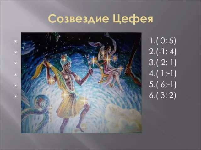 Созвездие Цефея 1.( 0; 5) 2.(-1; 4) 3.(-2; 1) 4.( 1;-1) 5.( 6;-1) 6.( 3; 2)