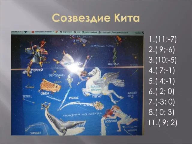 Созвездие Кита 1.(11;-7) 2.( 9;-6) 3.(10;-5) 4.( 7;-1) 5.( 4;-1) 6.( 2;