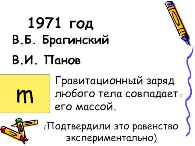 1971 год В.Б. Брагинский В.И. Панов Гравитационный заряд любого тела совпадает с