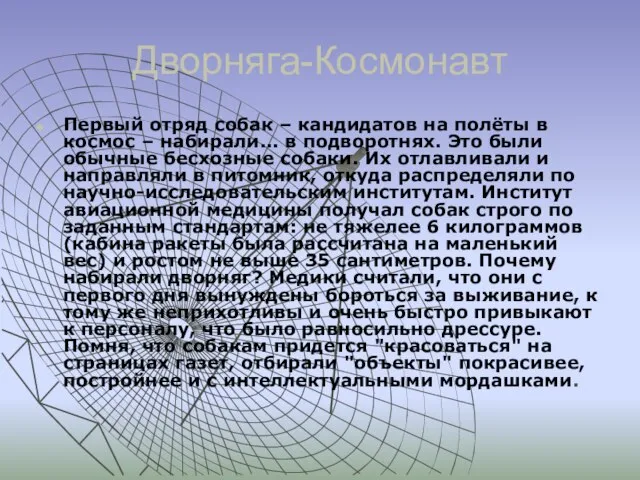 Дворняга-Космонавт Первый отряд собак – кандидатов на полёты в космос – набирали...