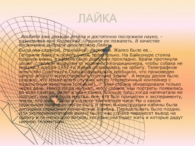 ЛАЙКА -Альбина уже дважды летала и достаточно послужила науке, - разказывал мне