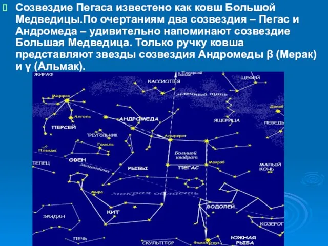 Созвездие Пегаса известено как ковш Большой Медведицы.По очертаниям два созвездия – Пегас