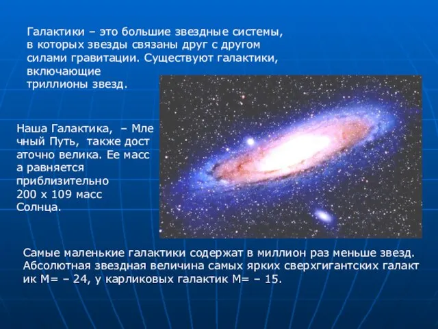 Самые маленькие галактики содержат в миллион раз меньше звезд. Абсолютная звездная величина