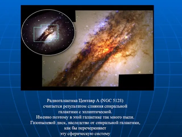 Радиогалактика Центавр А (NGC 5128) считается результатом слияния спиральной галактики с эллиптической.