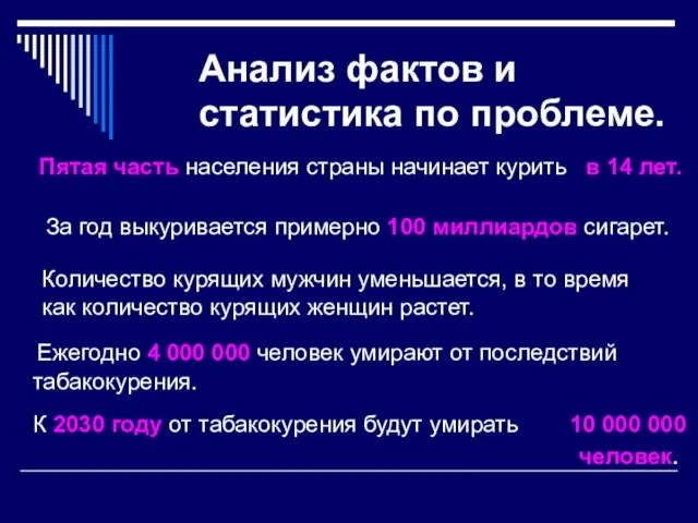 Анализ фактов и статистика по проблеме. Ежегодно 4 000 000 человек умирают