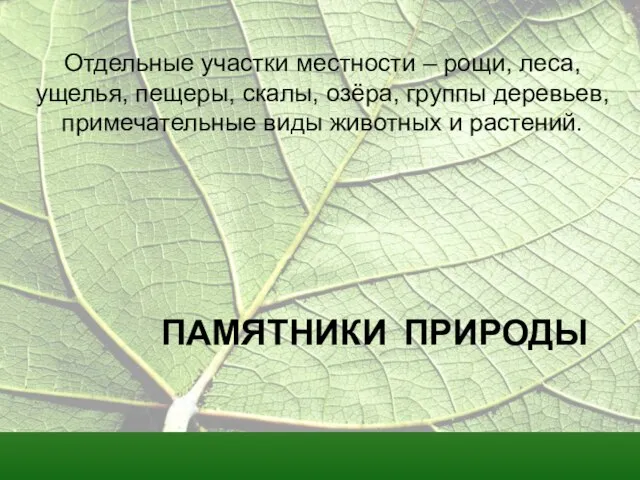 ПАМЯТНИКИ ПРИРОДЫ Отдельные участки местности – рощи, леса, ущелья, пещеры, скалы, озёра,