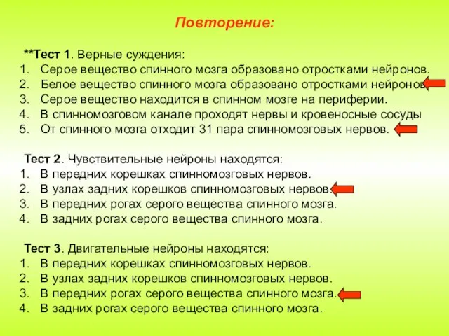 Повторение: **Тест 1. Верные суждения: Серое вещество спинного мозга образовано отростками нейронов.