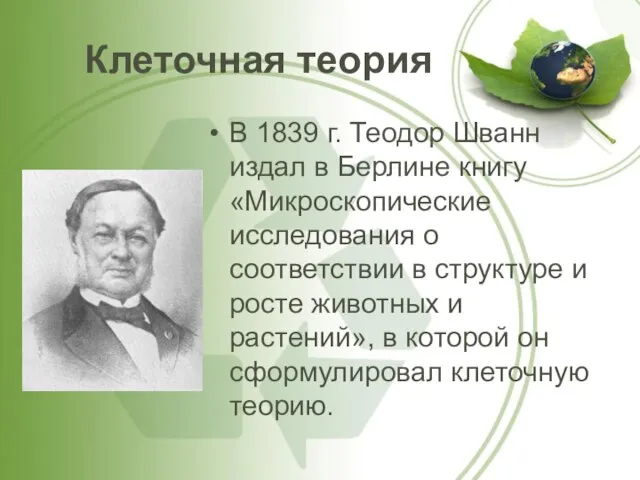 Клеточная теория В 1839 г. Теодор Шванн издал в Берлине книгу «Микроскопические