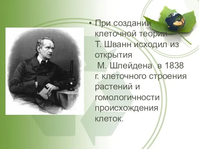 При создании клеточной теории Т. Шванн исходил из открытия М. Шлейдена в