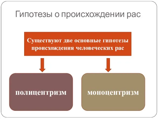 Гипотезы о происхождении рас полицентризм моноцентризм Существуют две основные гипотезы происхождения человеческих рас