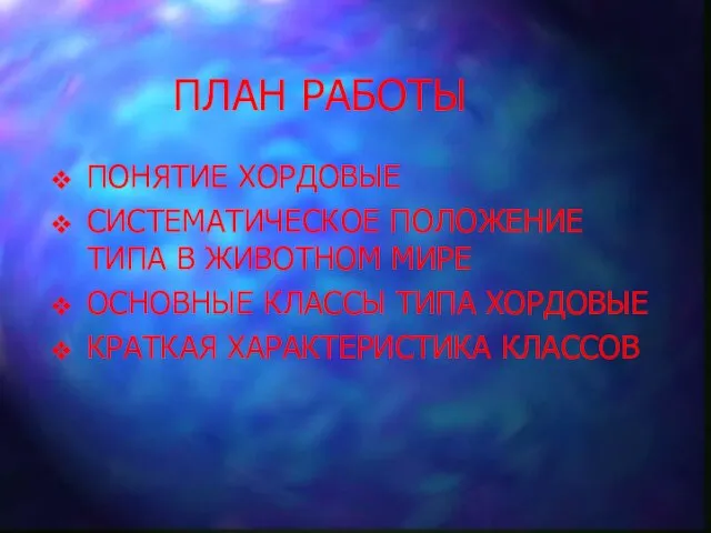 ПЛАН РАБОТЫ ПОНЯТИЕ ХОРДОВЫЕ СИСТЕМАТИЧЕСКОЕ ПОЛОЖЕНИЕ ТИПА В ЖИВОТНОМ МИРЕ ОСНОВНЫЕ КЛАССЫ