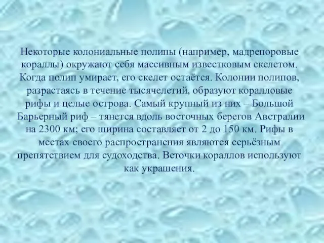 Некоторые колониальные полипы (например, мадрепоровые кораллы) окружают себя массивным известковым скелетом. Когда