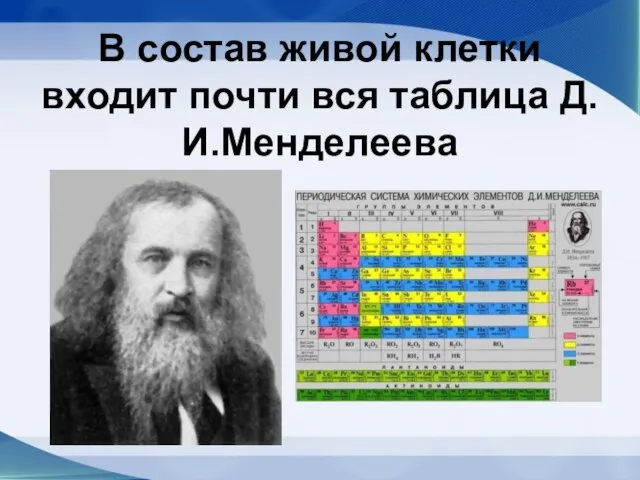 В состав живой клетки входит почти вся таблица Д.И.Менделеева