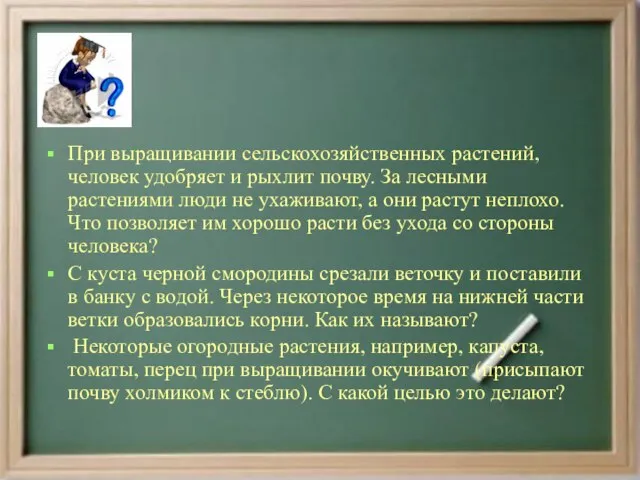 При выращивании сельскохозяйственных растений, человек удобряет и рыхлит почву. За лесными растениями