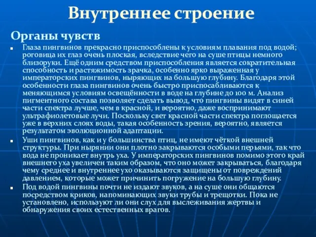 Внутреннее строение Органы чувств Глаза пингвинов прекрасно приспособлены к условиям плавания под