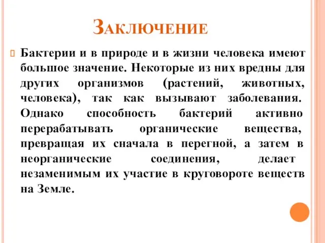 Заключение Бактерии и в природе и в жизни человека имеют большое значение.