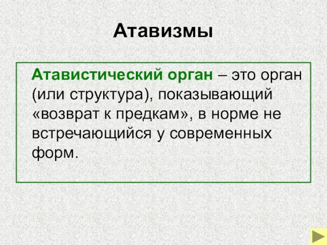 Атавизмы Атавистический орган – это орган (или структура), показывающий «возврат к предкам»,