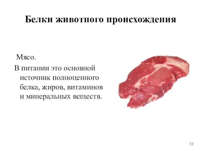 Белки животного происхождения Мясо. В питании это основной источник полноценного белка, жиров,