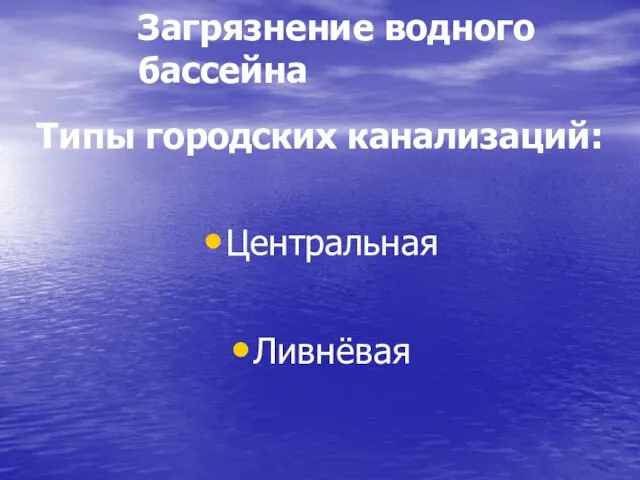 Типы городских канализаций: Центральная Ливнёвая Загрязнение водного бассейна