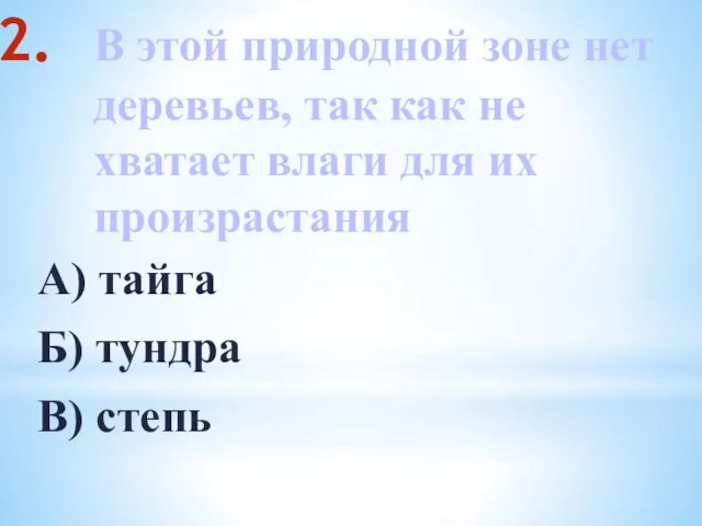 В этой природной зоне нет деревьев, так как не хватает влаги для