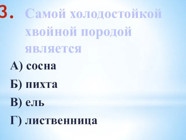 Самой холодостойкой хвойной породой является А) сосна Б) пихта В) ель Г) лиственница