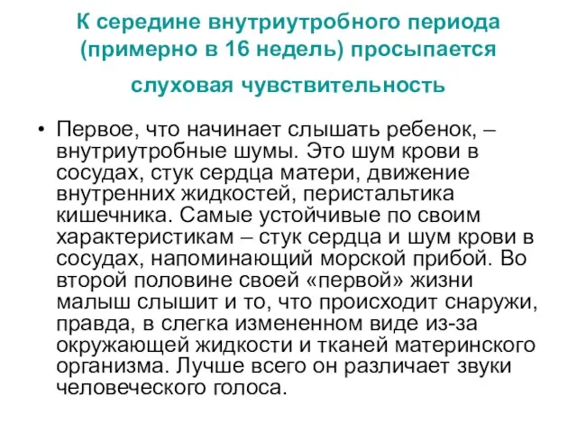 К середине внутриутробного периода (примерно в 16 недель) просыпается слуховая чувствительность Первое,